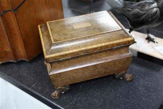 A 19th century rectangular burr yew wood two division tea caddy, 12in.